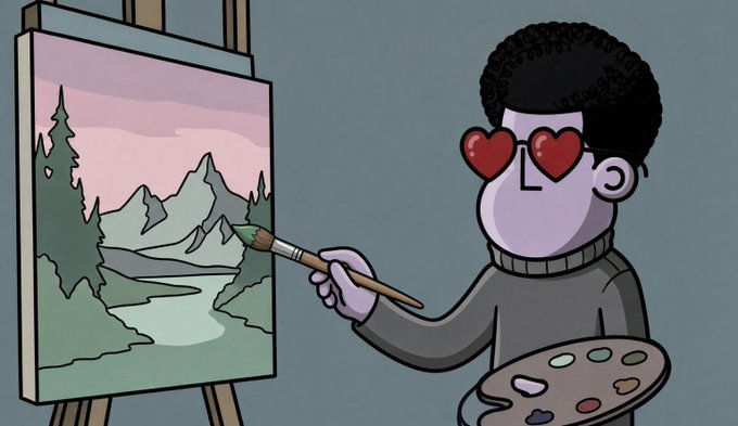 A cartoon illustration of a person with curly black hair and heart-shaped eyes painting a mountain landscape on an easel while holding a colorful paint palette.