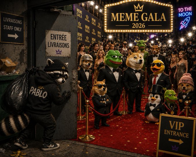 An AI-generated image depicting a 'MEME GALA 2026' red carpet VIP entrance event where various meme coin characters (Doge, Pepe, Pepe with sunglasses, Shiba Inu) appear in formal attire alongside celebrities, with a raccoon in a 'PABLO' hoodie sneaking in through a staff entrance.