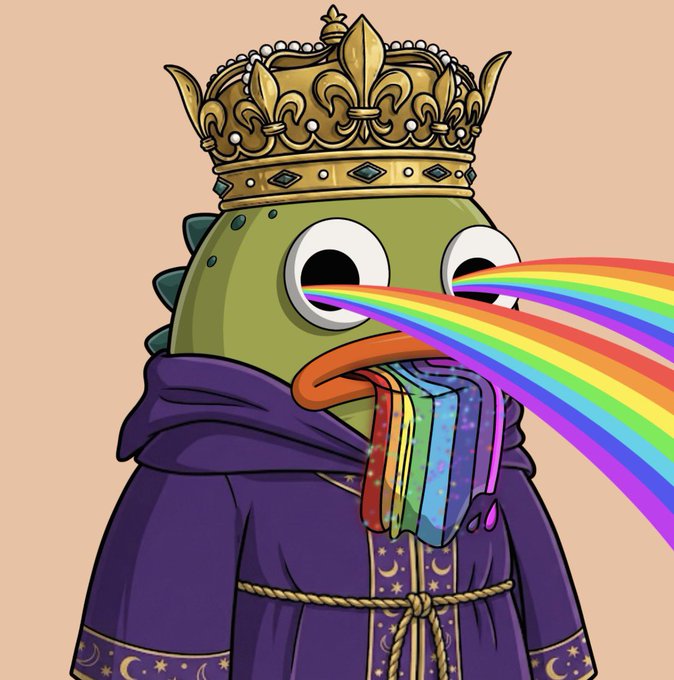 A cartoon illustration of a green frog-like creature wearing a golden crown and purple robe, shooting a rainbow from its eyes.