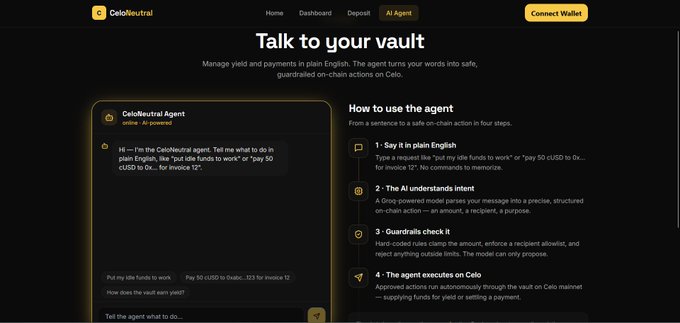 The image shows a webpage or screenshot of a dashboard that displays information about a vault account, including details like its title, contact number, and an AI Agent chat window. The AI Agent chat window offers options such as interacting with the agent via voice commands, initiating payments through the agent, depositing cUSD using the agent's instructions, and checking transaction history or status updates from the vault service provider, CeloNeutral.