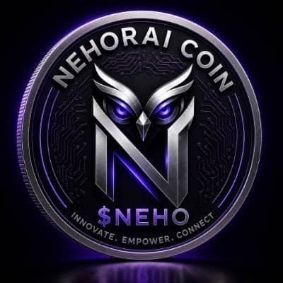 A 3D render of a silver cryptocurrency coin featuring an owl design with purple glowing eyes and an 'N' logo, labeled 'NEHORAI COIN', '$NEHO', and 'INNOVATE. EMPOWER. CONNECT.'