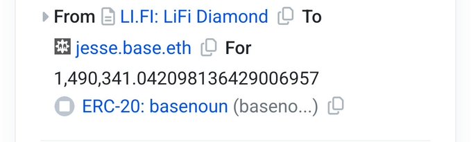 The image shows an Etherscan transaction record of an ERC-20 transfer of 1,490,341.042098136429006957 $BASENOUN tokens sent from "LI.FI: LiFi Diamond" to "jesse.base.eth," documenting the token movement referenced in the post.
