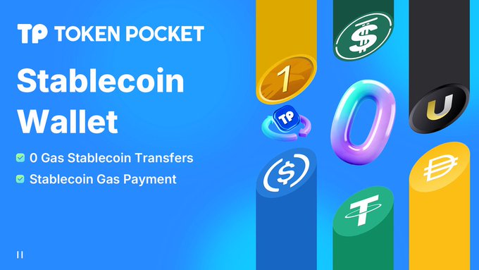 The image features a poster advertising a stablecoin wallet called "TokenPocket" that allows users to send and receive stablecoins using either gas transactions or stablecoin gas payments. The poster displays various colorful coins, including a purple one, against a blue background with white text. The text on the poster clearly states the wallet's purpose: "0 Gas Stablecoin Transactions Move stablecoins with full gas sponsorship on major networks including BNB Chain, TRON, Polygon, and Solana".