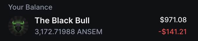 The image shows a portfolio balance of $971.08 with a -$141.21 loss, holding 3,172.71988 $ANSEM tokens under the name "The Black Bull." This appears to be a response to a giveaway post, with the wallet owner demonstrating they already hold roughly the equivalent amount of $ANSEM tokens being offered.