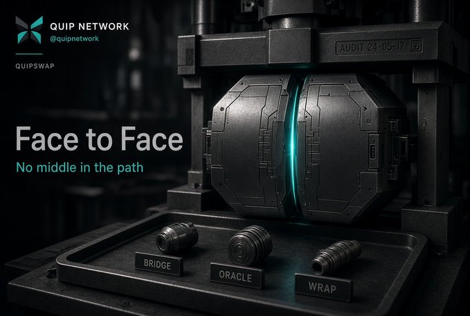 A dark, sci-fi styled advertisement for 'QUIP NETWORK' (@quipnetwork) and 'QUIPSWAP' featuring a futuristic machine with text reading 'Face to Face' and 'No middle in the path' alongside buttons labeled 'BRIDGE', 'ORACLE', and 'WRAP'.