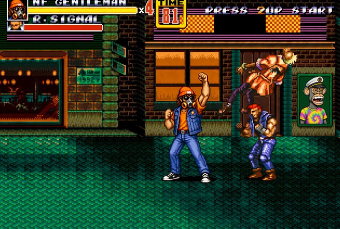 The image shows a screenshot from the arcade game "Streets of Rage" featuring the character "R. Signal" fighting "NF GENTLEMAN" with 4 lives, 81 seconds on the clock, and a "PRESS 2UP START" prompt. The accompanying post humorously frames the side-scrolling beat-'em-up scene as a "Mutual show down," comparing the in-game fight to hustle culture with the opponent watching from a doorway like the "King of the colosseum."