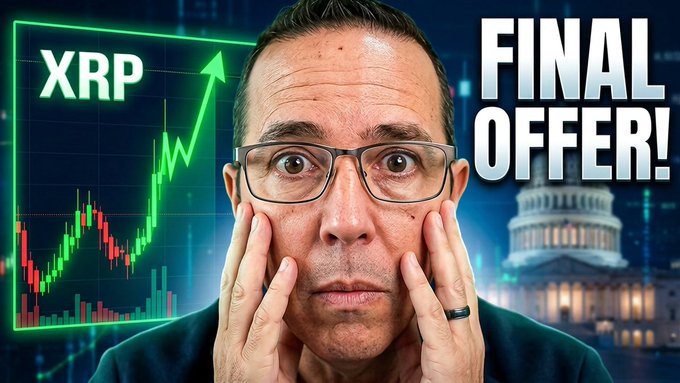 A dramatic YouTube thumbnail featuring a wide-eyed man in glasses with hands on his cheeks, alongside an XRP chart showing a bullish green spike, with text 'XRP FINAL OFFER!' and the U.S. Capitol building in the background.