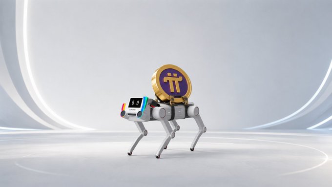 A robotic dog carrying a large Pi cryptocurrency coin on its back in a sleek white studio setting.