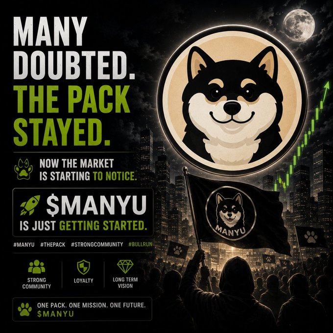 A promotional graphic for '$MANYU' featuring a Shiba Inu dog emblem, with text including 'MANY DOUBTED. THE PACK STAYED.' and hashtags like '#MANYU' and '#BULLRUN' against a city skyline at night.