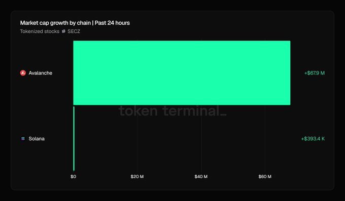 A bar chart titled 'Market cap growth by chain | Past 24 hours' from Token Terminal shows Tokenized stocks on the SECZ. Avalanche shows a massive green bar at +$67.9 M, while Solana shows a much smaller +$393.4 K.