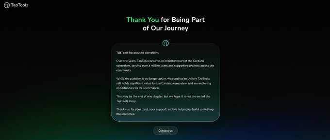 In this image, we see an email from an organization called Taptools. The message reads: "Thank You for Being Part of Our Journey". The main content of the email is a screenshot of the Taptools website's loading screen with a green and blue color scheme. Below the screen, there is text providing some details about the status of their operations during the pause. The email ends with an encouraging message to everyone involved in the project, expressing hopes for the successful completion of the process that has been paused.