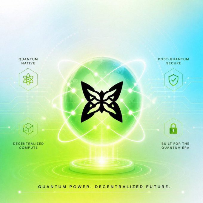 A futuristic green-themed promotional graphic with a butterfly logo on a glowing sphere, surrounded by feature labels including 'QUANTUM NATIVE', 'POST-QUANTUM SECURE', 'DECENTRALIZED COMPUTE', and 'BUILT FOR THE QUANTUM ERA' with the tagline 'QUANTUM POWER. DECENTRALIZED FUTURE.'