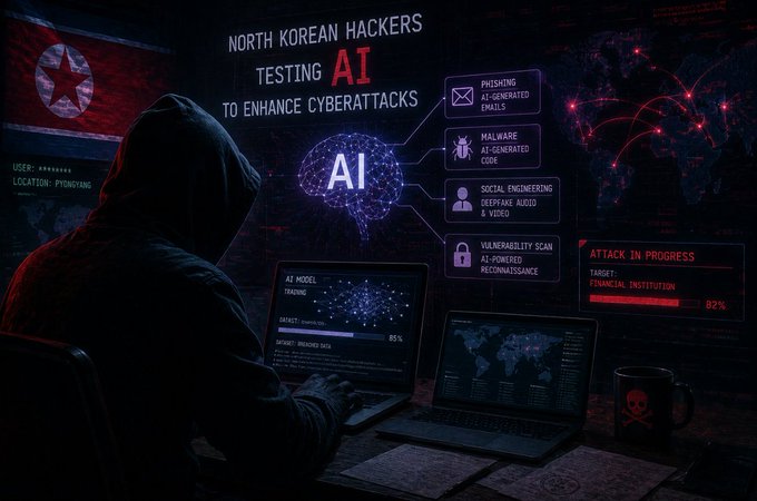A dark, stylized image titled 'NORTH KOREAN HACKERS TESTING AI TO ENHANCE CYBERATTACKS' shows a hooded hacker at a computer, with an infographic listing threats like 'PHISHING AI-GENERATED EMAILS,' 'MALWARE AI-GENERATED CODE,' and 'SOCIAL ENGINEERING DEEPFAKE AUDIO & VIDEO,' alongside an 'ATTACK IN PROGRESS' alert targeting 'PYONGYANG INSTITUTION.'