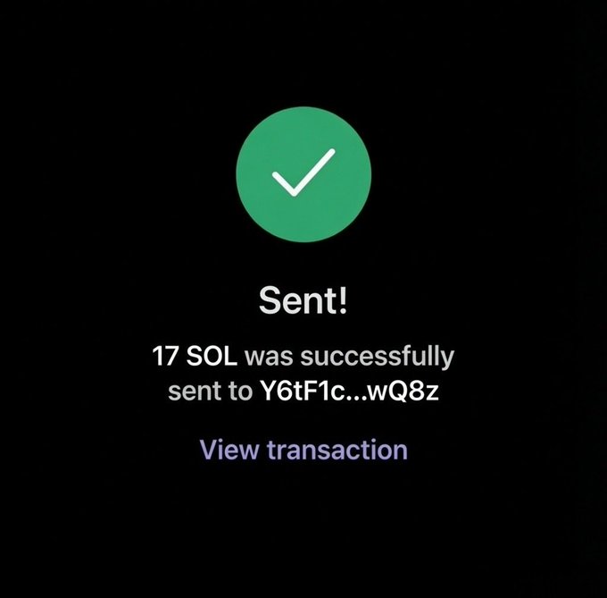 A successful transaction confirmation screen showing "17 SOL was successfully sent to Y6tF1c...wQ8z" with a green checkmark and a "View transaction" link, serving as proof of payment for a giveaway where the user sent between 5-25 SOL to participants who shared their Solana wallet addresses.