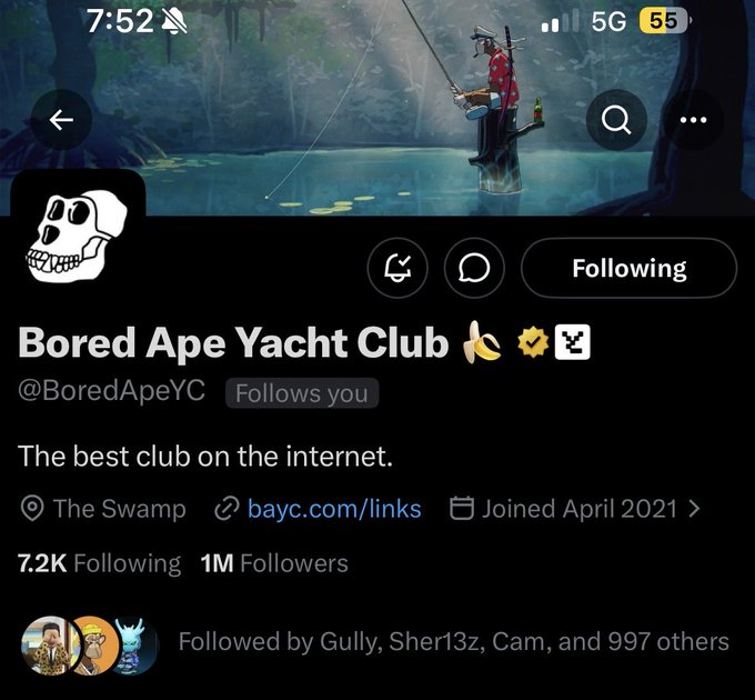 In the image, there are two posts related to a social media platform called Twitter. One of them is about a Bored ApopeYClub that has been following you for 7M followers. The other post is about a post on Twitter where someone has tagged you in their post. This person seems to be interested in your account and wants to know more about the club or follow you as well.