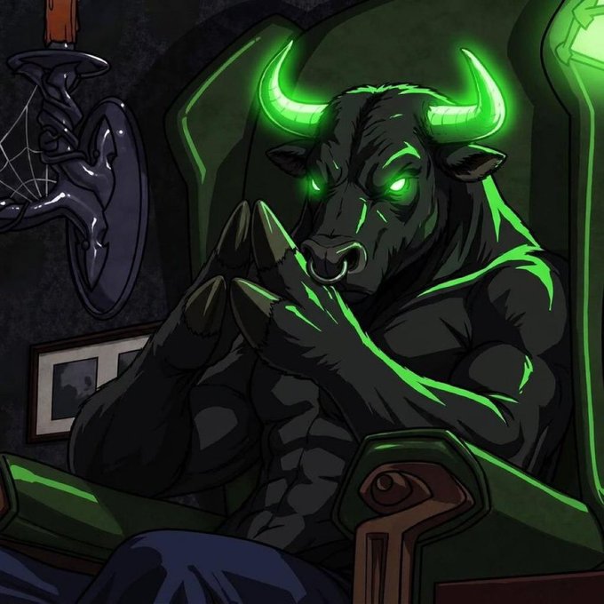 A digital illustration depicts a muscular, dark-skinned minotaur with glowing green eyes, horns, and markings, sitting in a throne and clasping its hands together.