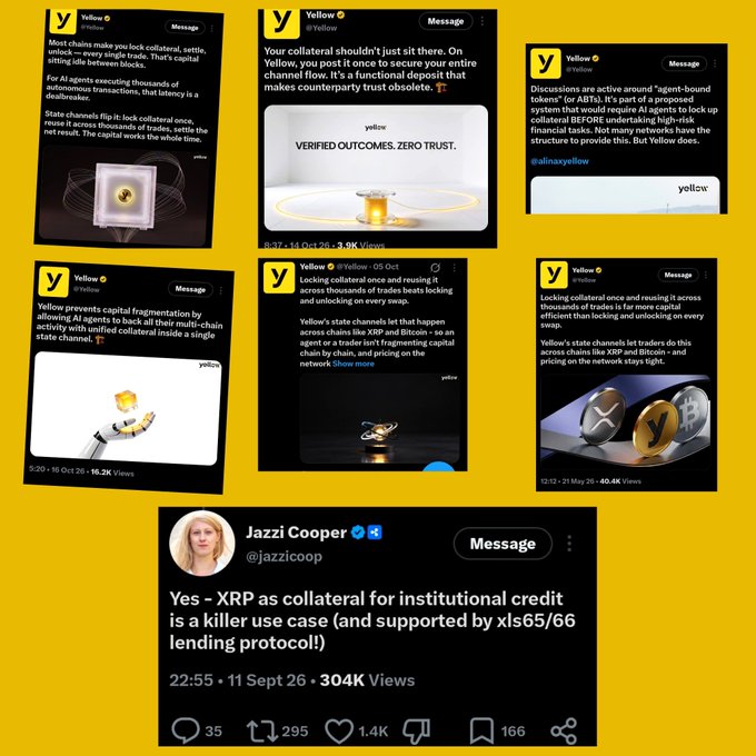 A yellow collage features multiple posts from Yellow (@DiegoMYellow) discussing XRP as collateral for institutional credit and “sent-bond” tokens, alongside a post from Jazzi Cooper (@jazzicoop) calling XRP collateral a “killer use case” supported by the xls65/66 lending protocol.