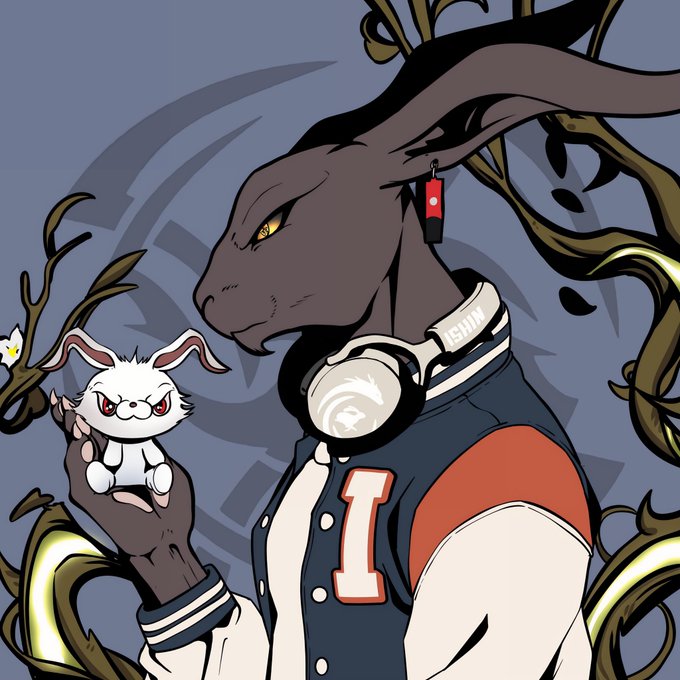 An anthropomorphic rabbit character with dark fur wearing headphones, a varsity jacket with an 'I', and holding a small angry white bunny in their hand.