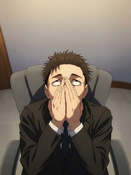 The image features a man wearing a suit, sitting in an office chair with his hands covering his face. The man appears to be in distress or sadness, as he covers his eyes while looking down at the floor. There are no other people or objects visible in the image, and it seems unrelated to the post about falling for crypto scams.