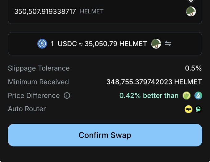 A swap confirmation screen shows exchanging 1 USDC for 350,507.92 HELMET tokens at a rate of 35,050.79 HELMET per USDC, with a 0.42% better price than other exchanges. This supports the post about accumulating $HELMET at a low ~$28K market cap.