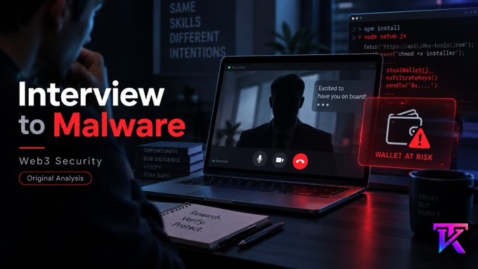 A dark, tech-themed banner for a YouTube video or article titled 'Interview to Malware' under the 'Web3 Security' category, showing a laptop with code, a 'WALLET AT RISK' alert, and a 'TRUST BUT VERIFY' mug.