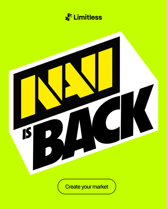 A bright green promotional graphic featuring a 'Limitless' logo at the top and a large yellow and black 3D-style box announcing 'INAI IS BACK' with a 'Create your market' button below.