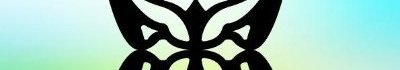 Abstract black and white geometric pattern with mirrored symmetrical shapes on a light blue to green gradient background.