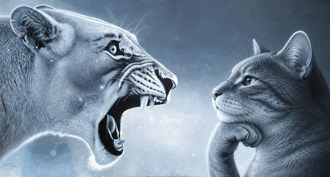 A detailed, grayscale illustration of a lioness roaring fiercely on the left, facing a gray cat that looks back at her calmly on the right.