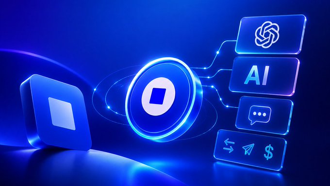 A futuristic blue-toned digital graphic features a glowing central Coinbase (base) logo connected by light streams to stacked panels displaying the ChatGPT logo, "AI" text, a chat bubble icon, and swap/payment symbols, visually representing the integration of Base blockchain with AI agents.