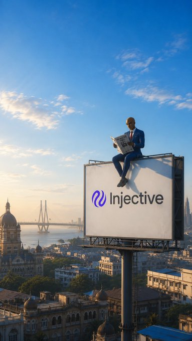 A surreal scene of a businessman in a suit sitting on top of a billboard displaying the 'Injective' logo, reading a newspaper overlooking a coastal city with a bridge.