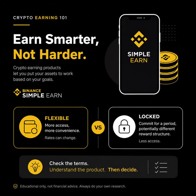 This Binance "Crypto Earning 101" infographic illustrates the concept presented in the post by highlighting Binance Simple Earn as a crypto earning product, contrasting Flexible options (more access, variable rates) versus Locked options (committed period, different reward structure) with a reminder to "Understand the product. Then decide."