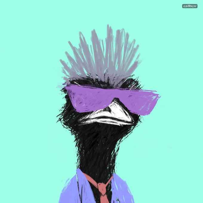 A stylized illustration of an ostrich wearing purple sunglasses and a blue shirt with a red tie, branded with 'OSTRICH' in the corner.