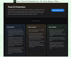 A 'Trust & Protection' webpage layout with sections for 'Mind protection', 'Device protection', and 'Funds availability'.