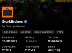 A screenshot of an eBay listing for 'StonkBrokers' by Oxsimplefarmer, showing tags like 'Jul 2026', 'Robinhood Chain', and a 1D Floor Price of $12,704.69 with a 28.7% increase.