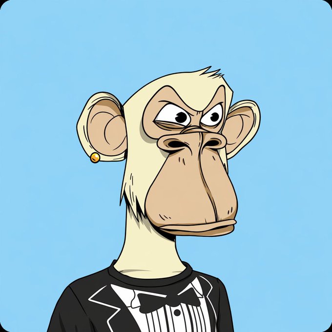 A cartoon illustration of a monkey wearing a black tuxedo with a white shirt and bow tie against a light blue background.