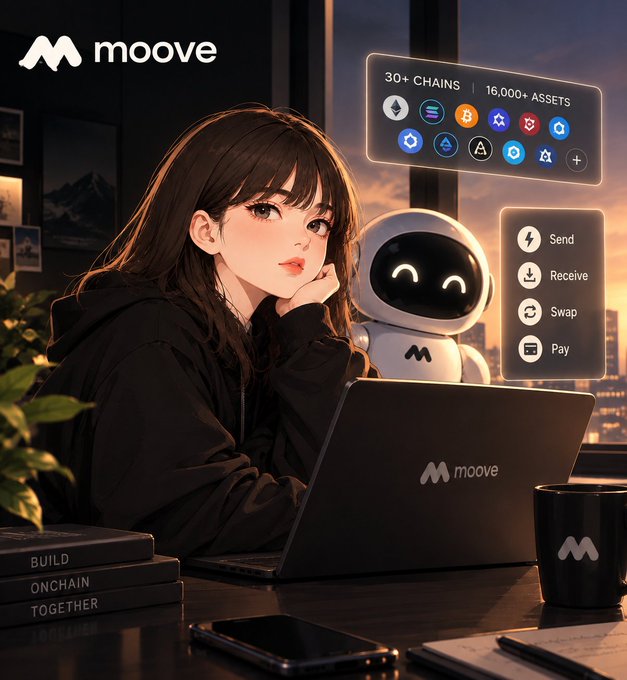 An anime-style digital illustration shows a girl and a small robot at a laptop, promoting "moove" crypto features including "30+ CHAINS", "16,000+ ASSETS", Send, Receive, Swap, and Pay.