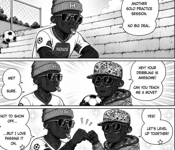The image is a comic strip featuring two boys wearing sunglasses, one of whom has a soccer ball with him. The comic strip is divided into three panels, each depicting different scenes involving the boys and their interactions with the soccer ball. In the first panel, both boys are sitting on a bench while talking to each other. The second panel shows them playing soccer together. The third panel depicts one of the boys giving the other a high five after scoring a goal in the game.