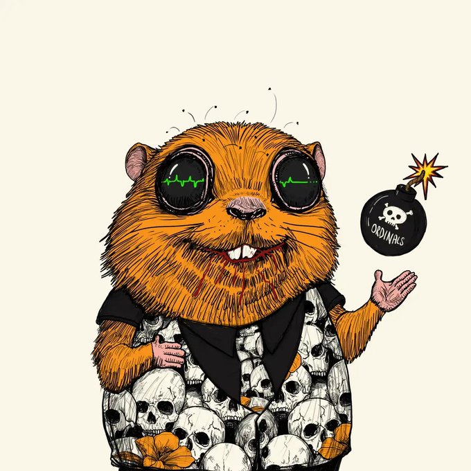 An illustrated cartoon of a brown rodent character wearing skull-patterned clothing and sunglasses with green heartbeat lines, holding a bomb labeled 'OKDINAUTS'.
