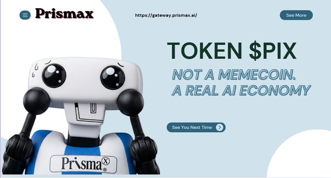 The image features a robot with a blue head, white body, and black arms holding two coins. The text above the robot reads "PrismaX", which is likely related to the token being sold by the company.
