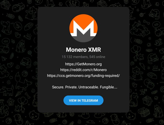 The image shows a black screenshot of the interface from the online blog and discussion platform, Telegram. On the right side of the screen, there's an icon for the Monero exchange, with text below that reads "Monero". Below this, there is a block of text stating "The Monero group on Telegram has surpassed 15 thousand members", which is related to the post about the Monero Exchange in Telegram.