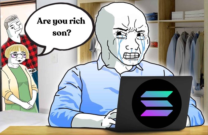 The image is a "Wojak" meme showing a crying bald man staring at a laptop displaying the Solana logo, while a man and woman stand in a doorway asking "Are you rich son?"—capturing the deflationary feeling of a $SOL trader questioning whether the flat ~$106 price action justifies still holding the bag.
