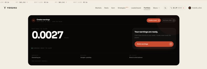 A screenshot of the YOSKU platform showing creator earnings of 0.0027 USDC and a message stating 'Your earnings are ready' with an option to claim them.