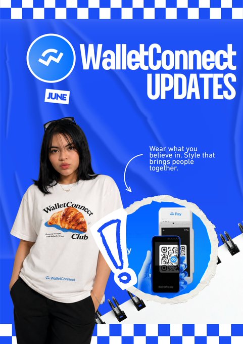 A promotional graphic with a blue checkered background reading 'WalletConnect UPDATES JUNE' featuring a woman wearing a white 'WalletConnect Club' t-shirt and a phone displaying a QR code.