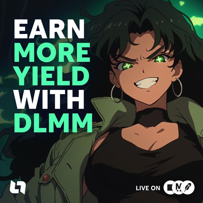 An anime-style illustration of a confident woman with green eyes and dark hair features the bold text "EARN MORE YIELD WITH DLMM," along with a "LIVE ON" badge displaying Robinhood's feather and rocket logos, visually reinforcing the post's message about using DLMM yield strategies on Robinhood Crypto.