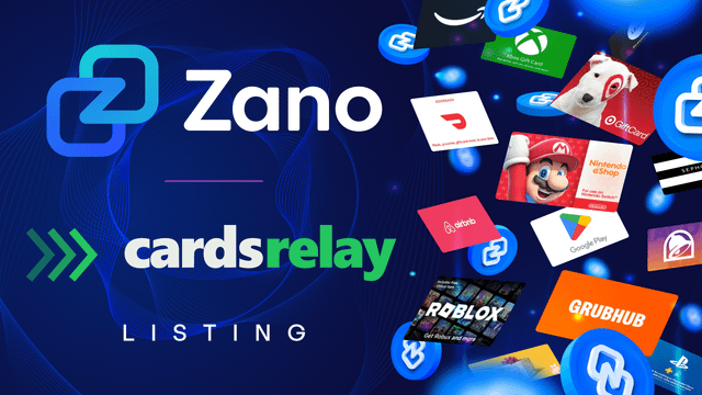 The image features a blue background with various logos, including "Zano", "CardsRelay", "GrubHub", and "Grupo". The text in the image suggests that users can now spend $ZANO on CardsRelay, which is an online marketplace for buying and selling gift cards.