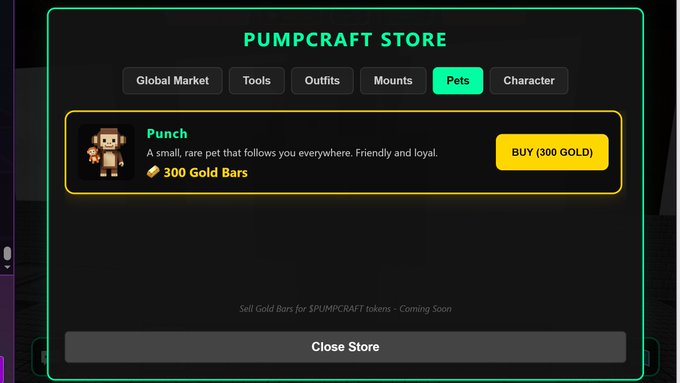 The image shows a screenshot of a website called Pumpcraft Store, where players can find and buy various items for their virtual worlds, including pets. The main focus appears to be a character from the game with a plushie, which is being listed as available in the store. The text on the screen indicates that there is an upcoming sale on this specific item. There are also several other items featured within the store's catalog of available products for players to choose from.