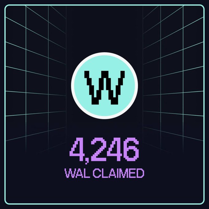 The image displays a retro pixel-art style graphic showing "4,246 WAL CLAIMED" in purple text below a teal circle containing the black pixelated Walrus "W" logo. This relates to the post about a testnet farming airdrop, as it shows the user has successfully claimed 4,246 WAL tokens from their Walrus testnet farming activities.