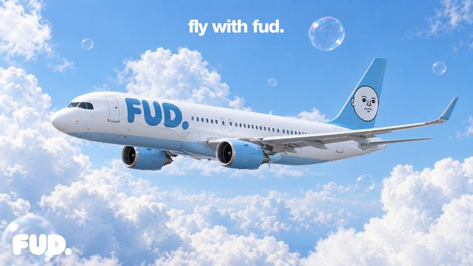 A white and blue airplane emblazoned with 'FUD.' flies through cloudy skies with soap bubbles floating around, accompanied by the text 'fly with fud.'