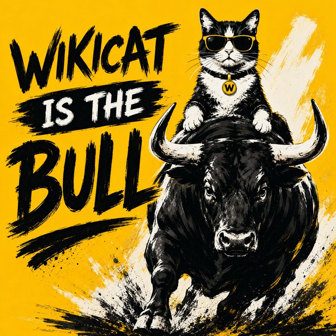 The image features a black and white cat wearing sunglasses, riding atop a bull with the words "WIKICAT is the BULL" written above it. The cat appears to be charging into the bull run, ready for an exciting adventure.