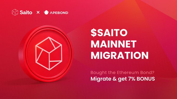 A promotional banner announces '$SAITO MAINNET MIGRATION' for 'Saito x APEBOND', offering 'Migrate & get 7% BONUS' to those who 'Bought the Ethereum Bond'.
